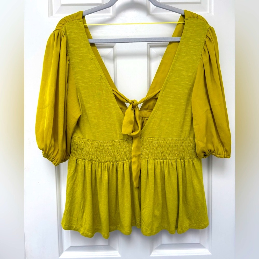 Anthropologie Yellow Green Deep V Peplum Blouse - Picture 3 of 7